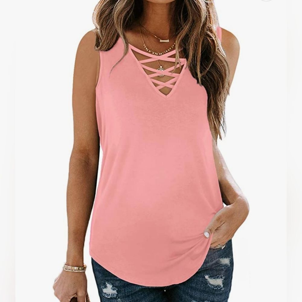 🔸️Pink Crisscross Vneck Sleeveless Top Medium